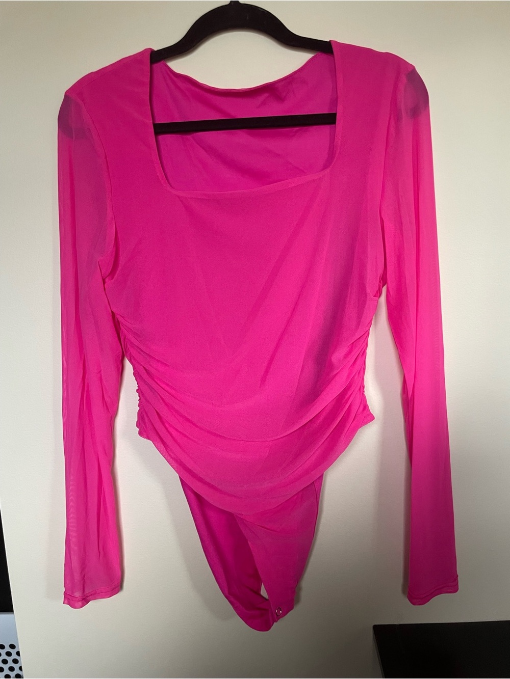 Hot Pink Long-Sleeve Ruched Bodysuit